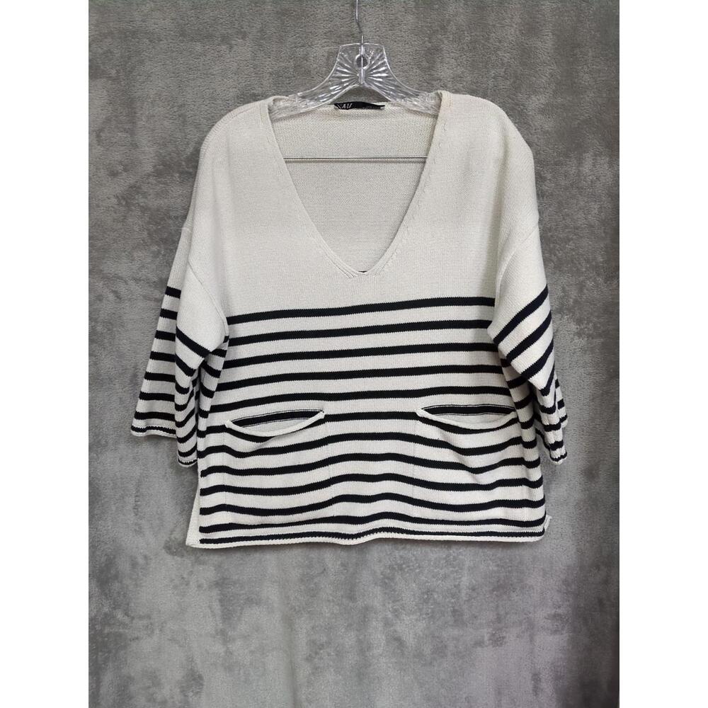 Zara Striped V-Neck Sweater Women's Small Black White Pockets